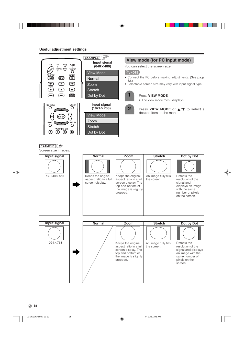 View mode (for pc input mode) | Sharp Aquos LC-32GA5U User Manual | Page 39 / 65