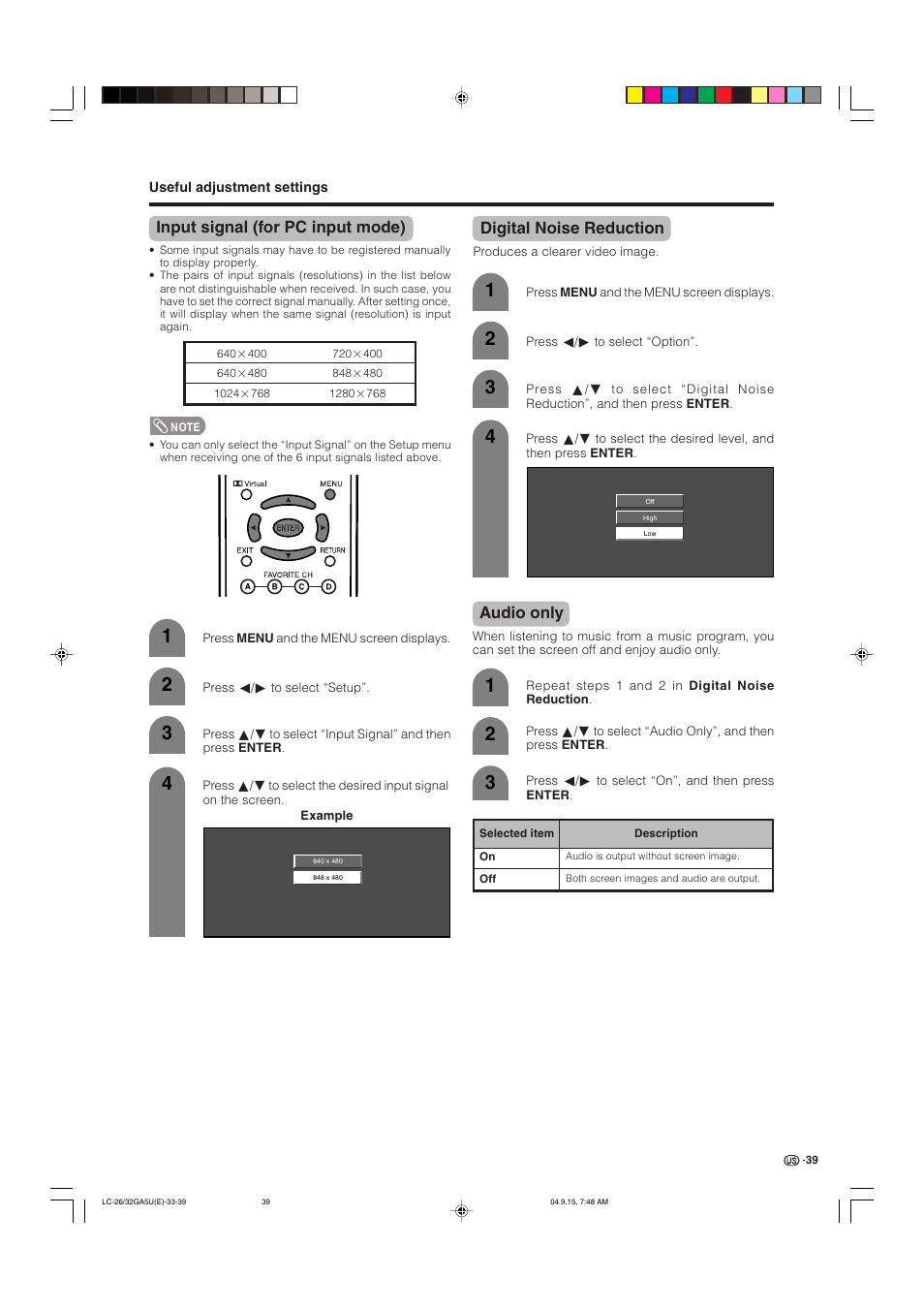 Input signal (for pc input mode), Digital noise reduction, Audio only | Sharp Aquos LC-32GA5U User Manual | Page 40 / 65