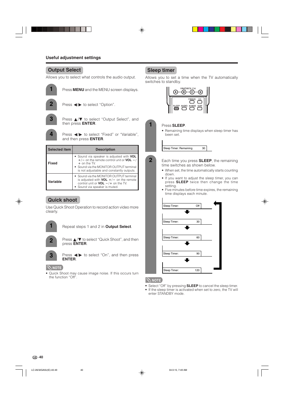 Output select, Quick shoot, Sleep timer | Sharp Aquos LC-32GA5U User Manual | Page 41 / 65