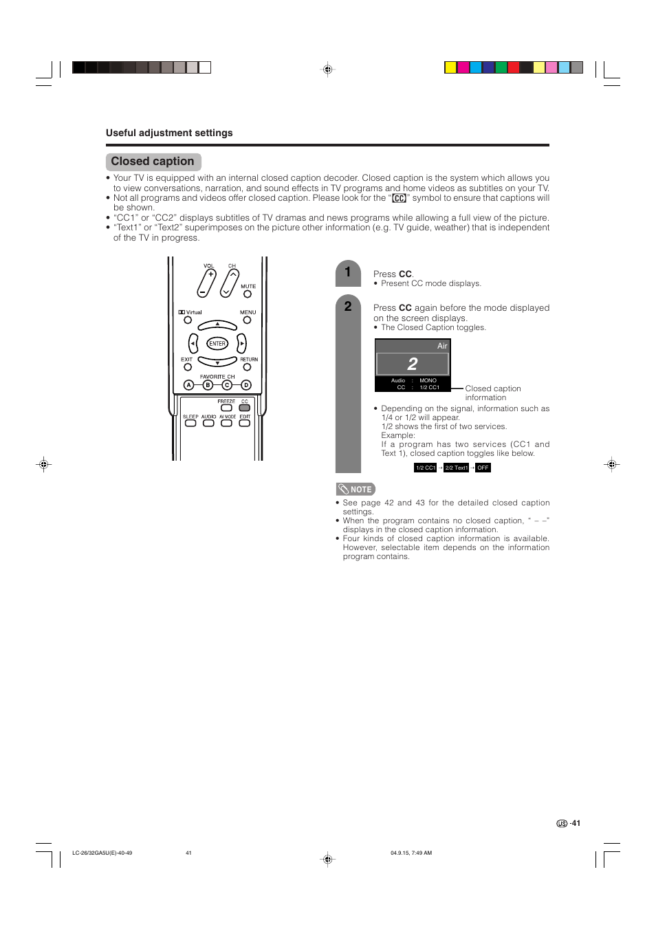 Closed caption | Sharp Aquos LC-32GA5U User Manual | Page 42 / 65