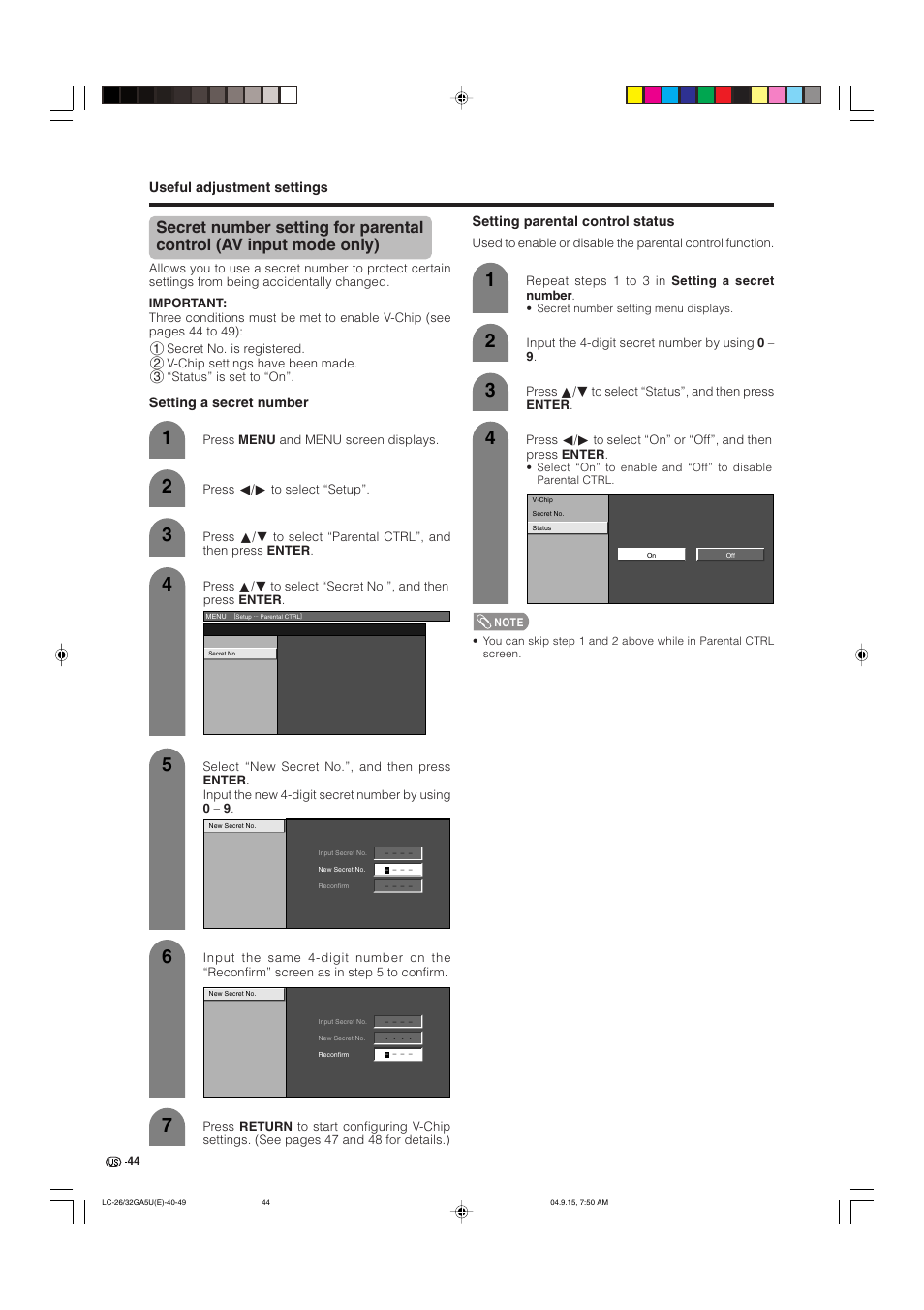Useful adjustment settings, Setting parental control status, Setting a secret number | Sharp Aquos LC-32GA5U User Manual | Page 45 / 65