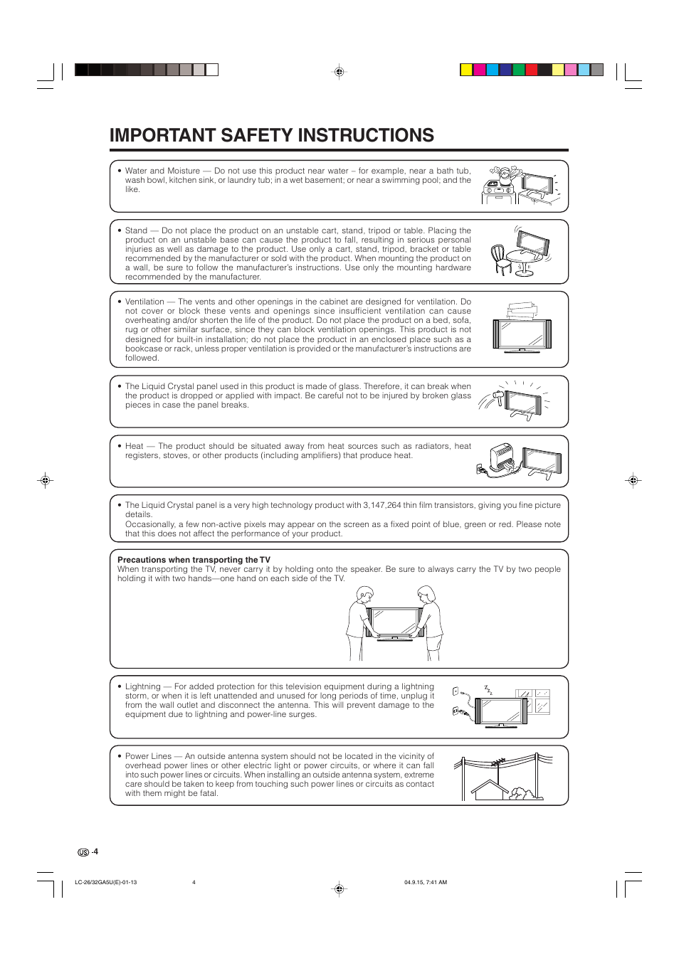 Important safety instructions | Sharp Aquos LC-32GA5U User Manual | Page 5 / 65