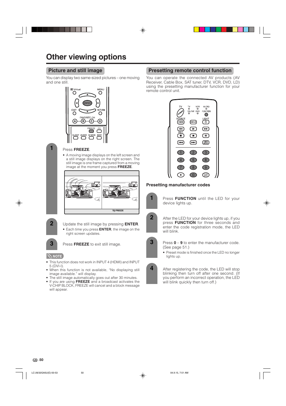 Other viewing options, Picture and still image, Presetting remote control function | Sharp Aquos LC-32GA5U User Manual | Page 51 / 65