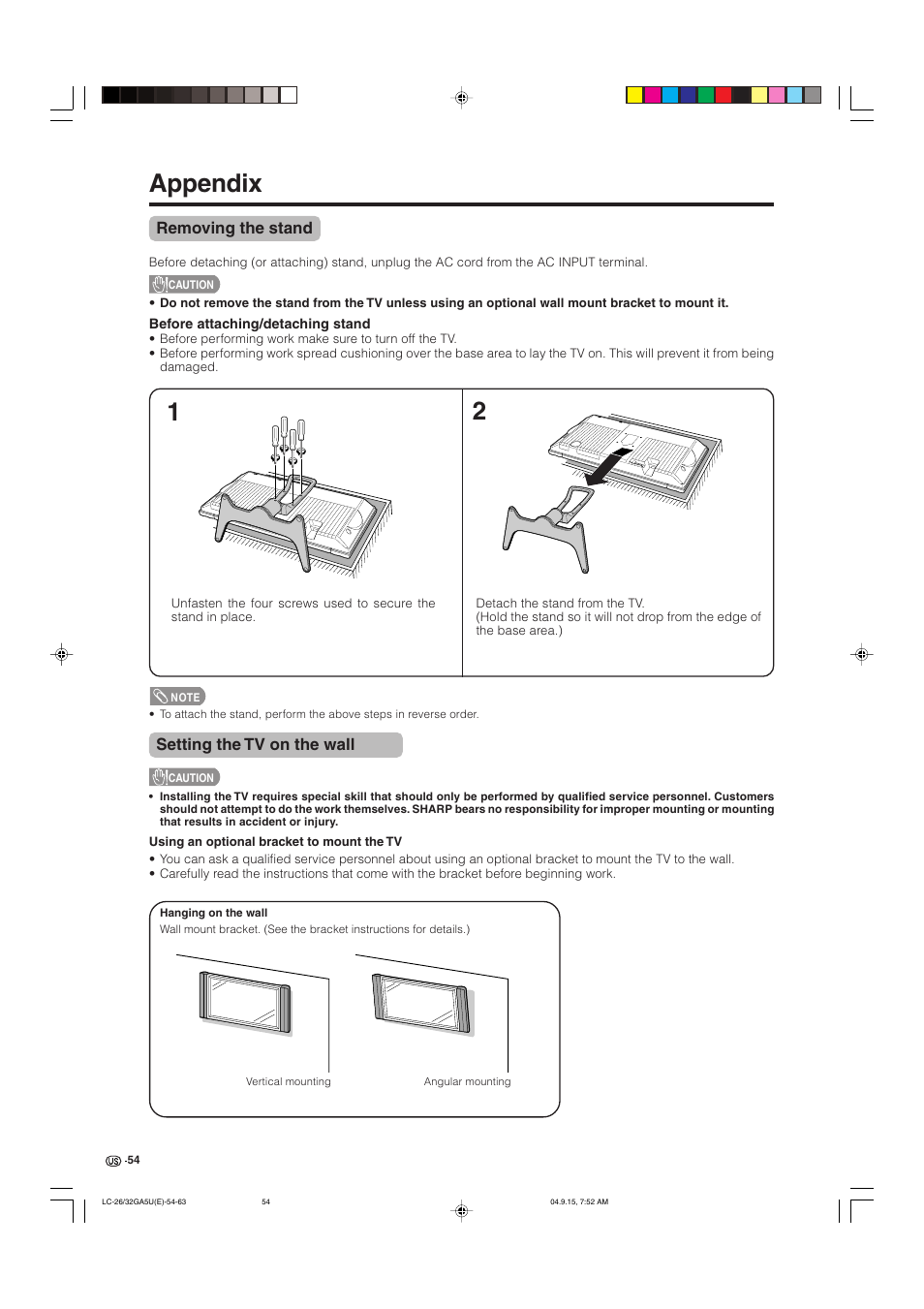 Appendix, Removing the stand, Setting the tv on the wall | Sharp Aquos LC-32GA5U User Manual | Page 55 / 65