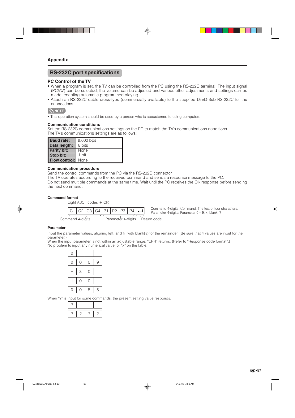 Rs-232c port specifications | Sharp Aquos LC-32GA5U User Manual | Page 58 / 65