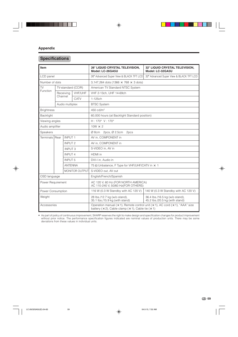 Specifications | Sharp Aquos LC-32GA5U User Manual | Page 60 / 65