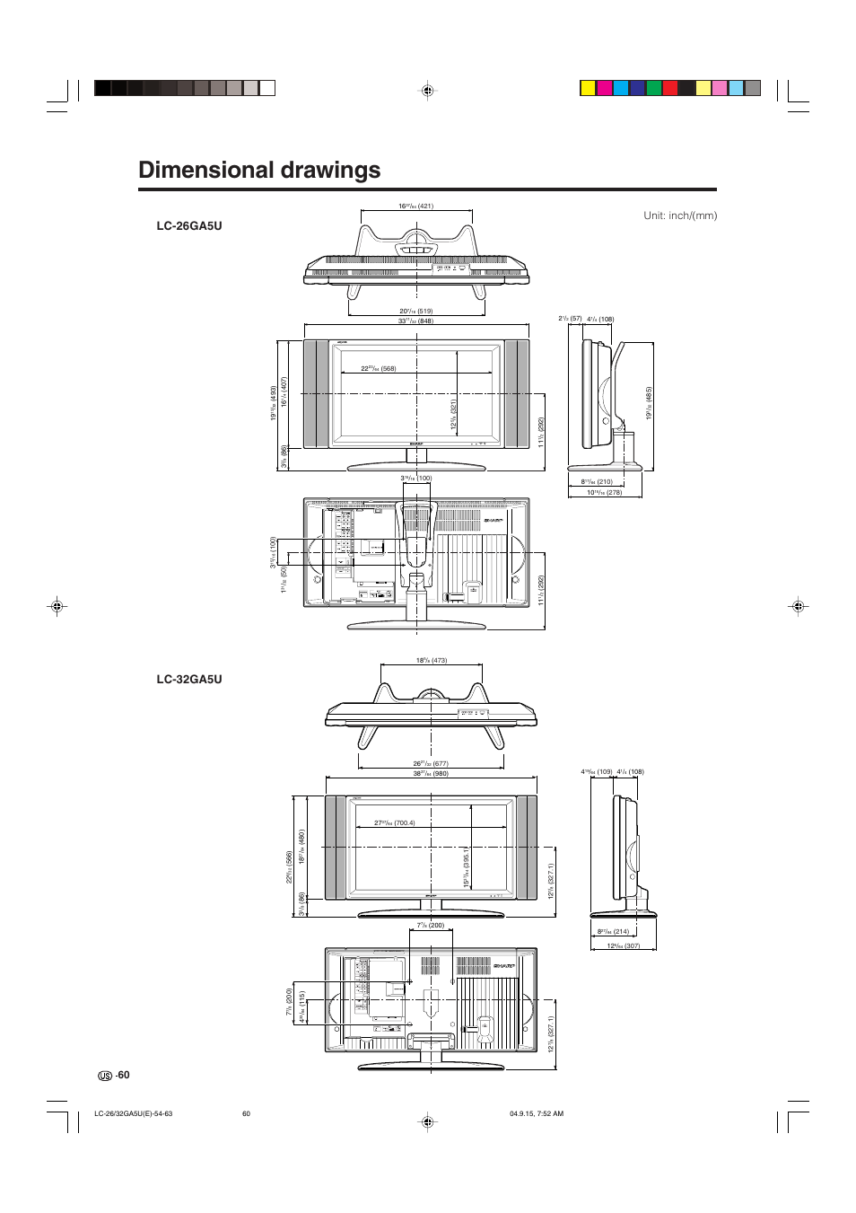 Dimensional drawings, Unit: inch/(mm) | Sharp Aquos LC-32GA5U User Manual | Page 61 / 65