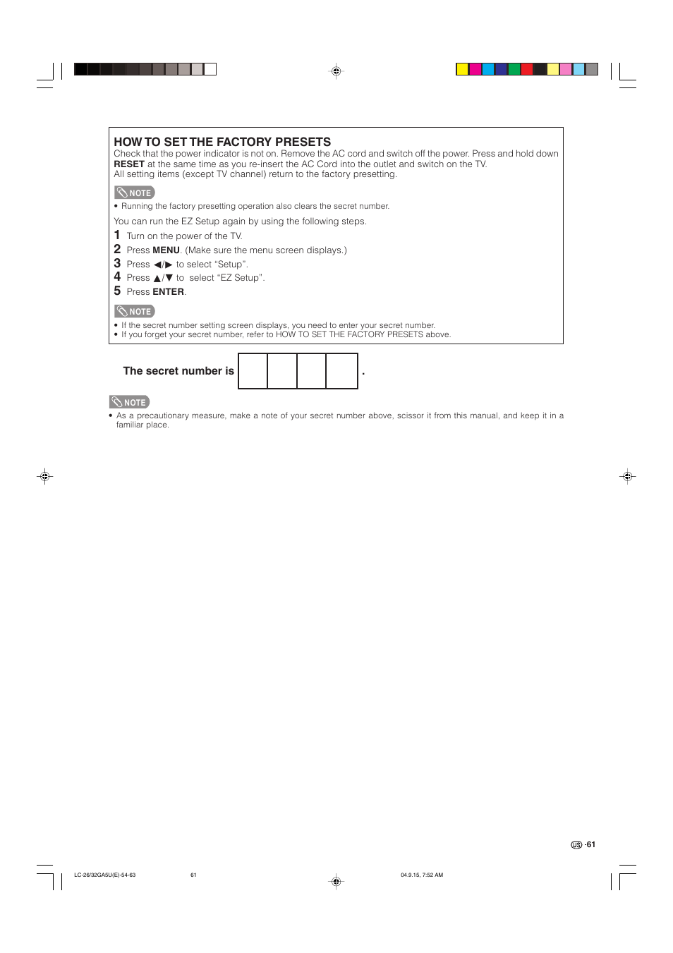 How to set the factory presets | Sharp Aquos LC-32GA5U User Manual | Page 62 / 65