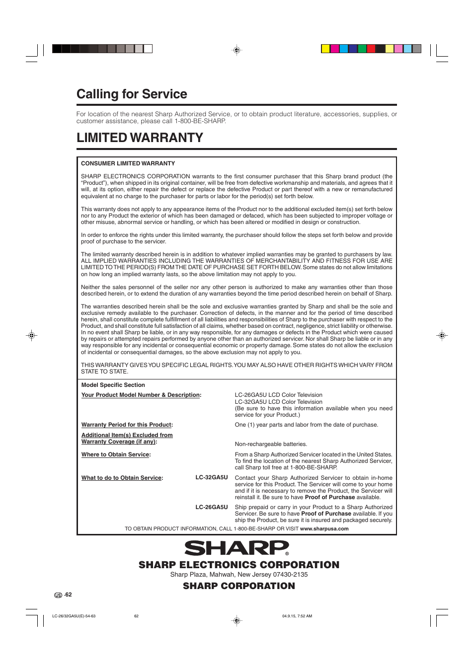 Calling for service, Limited warranty, Sharp electronics corporation | Sharp corporation | Sharp Aquos LC-32GA5U User Manual | Page 63 / 65