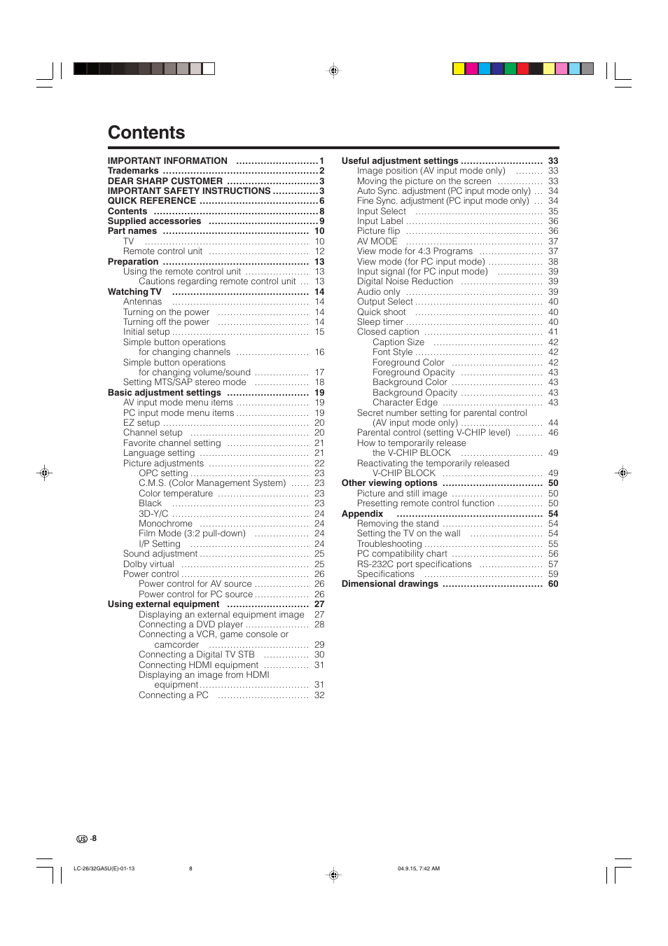 Sharp Aquos LC-32GA5U User Manual | Page 9 / 65