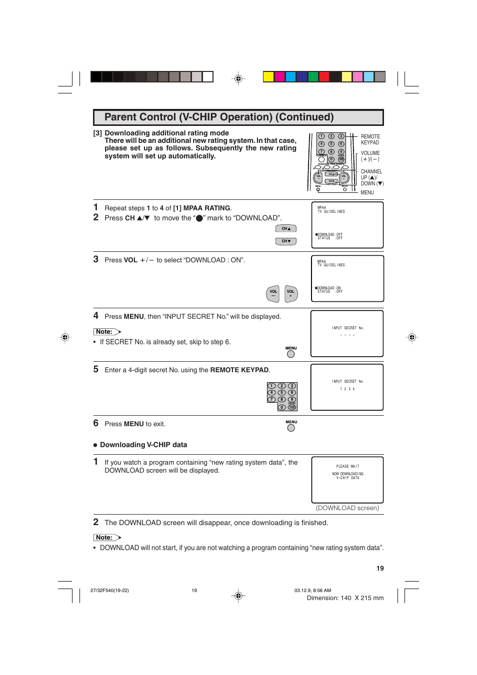 Press, Mark to “download, If secret no. is already set, skip to step 6 | Downloading v-chip data | Sharp 27F540 User Manual | Page 19 / 58