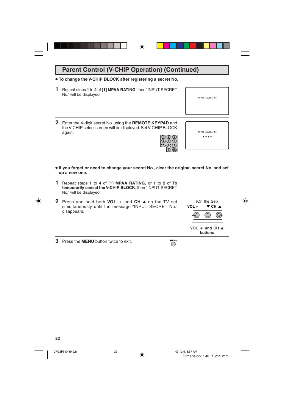 Parent control (v-chip operation) (continued) | Sharp 27F540 User Manual | Page 22 / 58