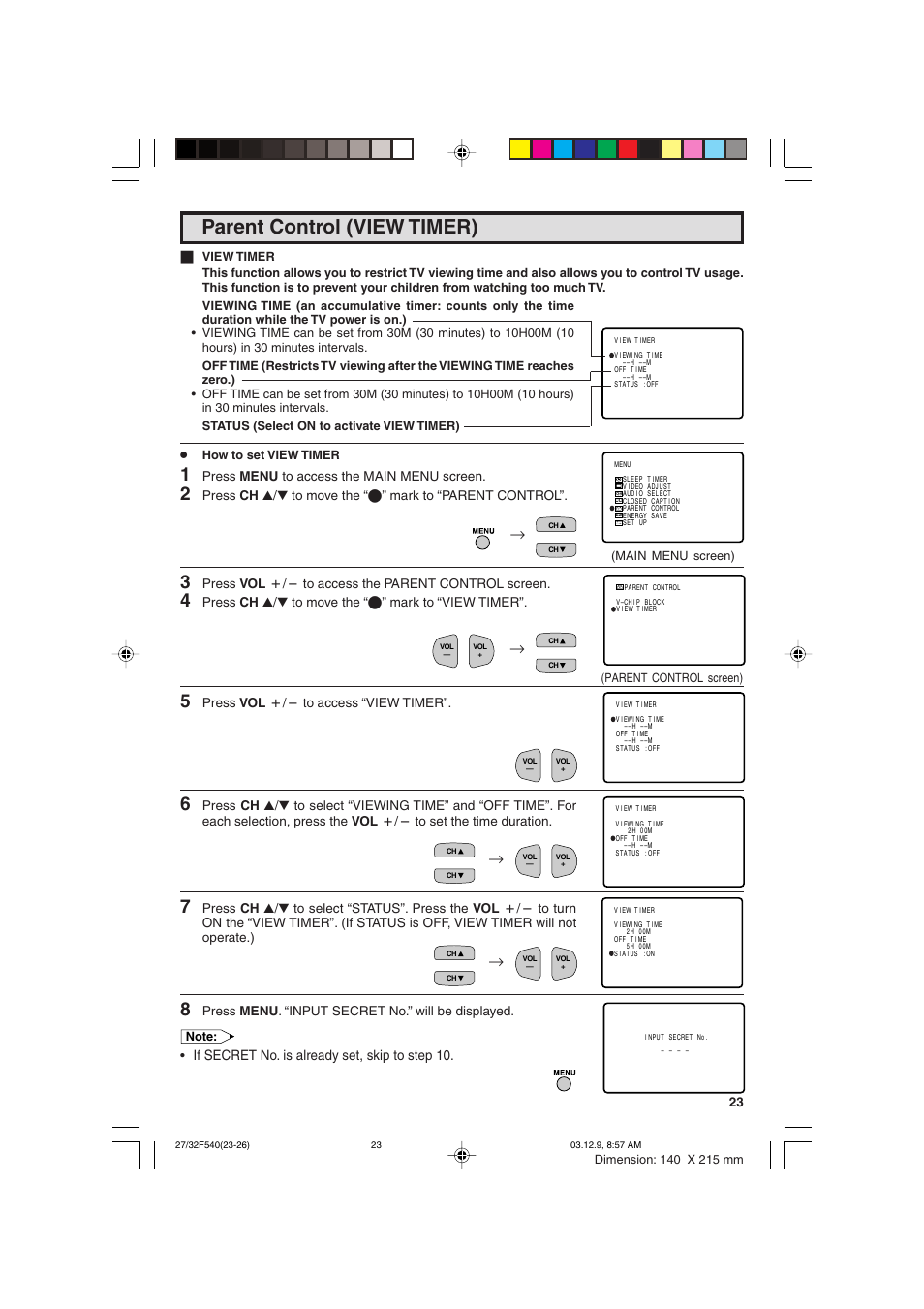 Parent control (view timer), If secret no. is already set, skip to step 10 | Sharp 27F540 User Manual | Page 23 / 58