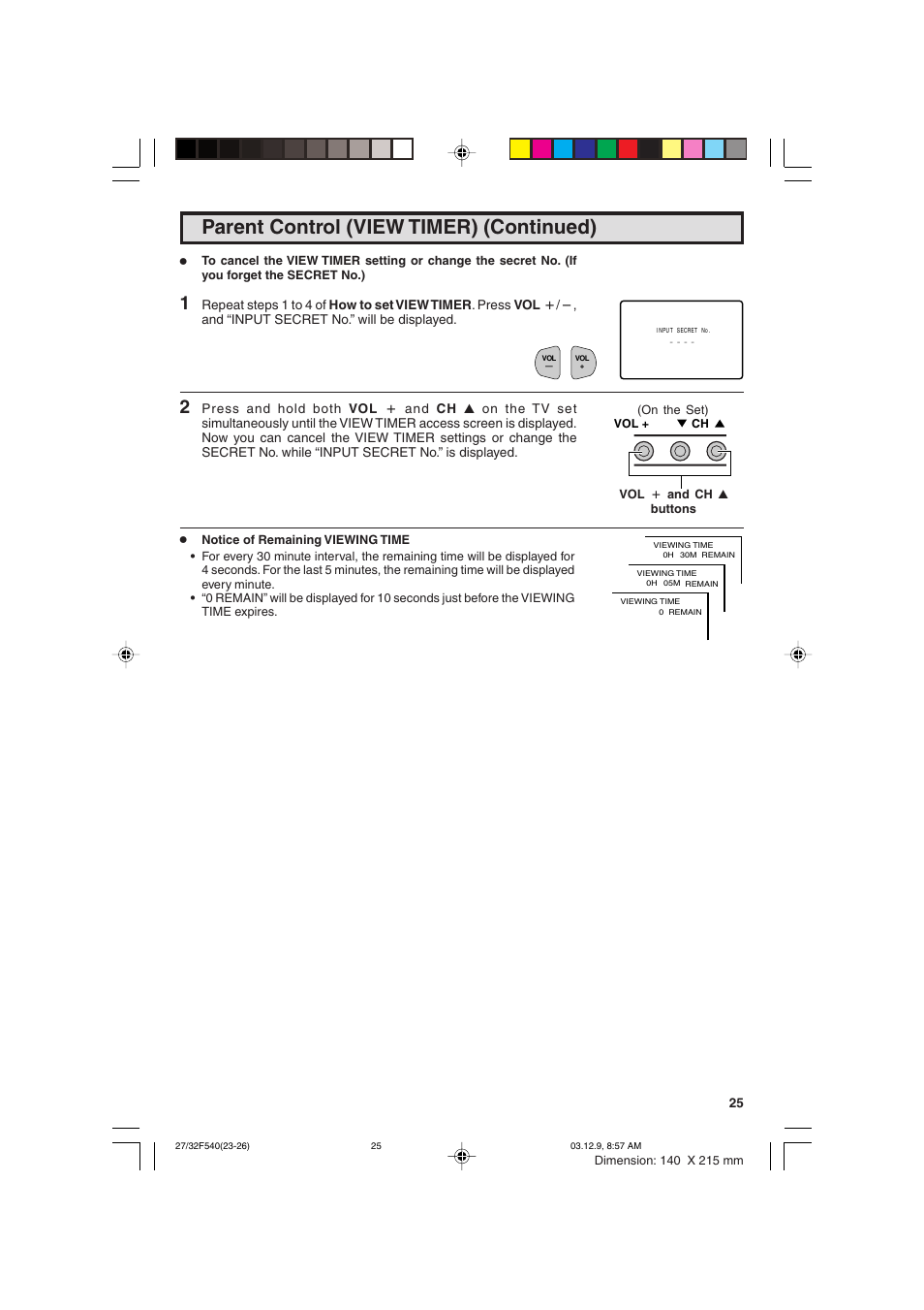 Parent control (view timer) (continued) | Sharp 27F540 User Manual | Page 25 / 58