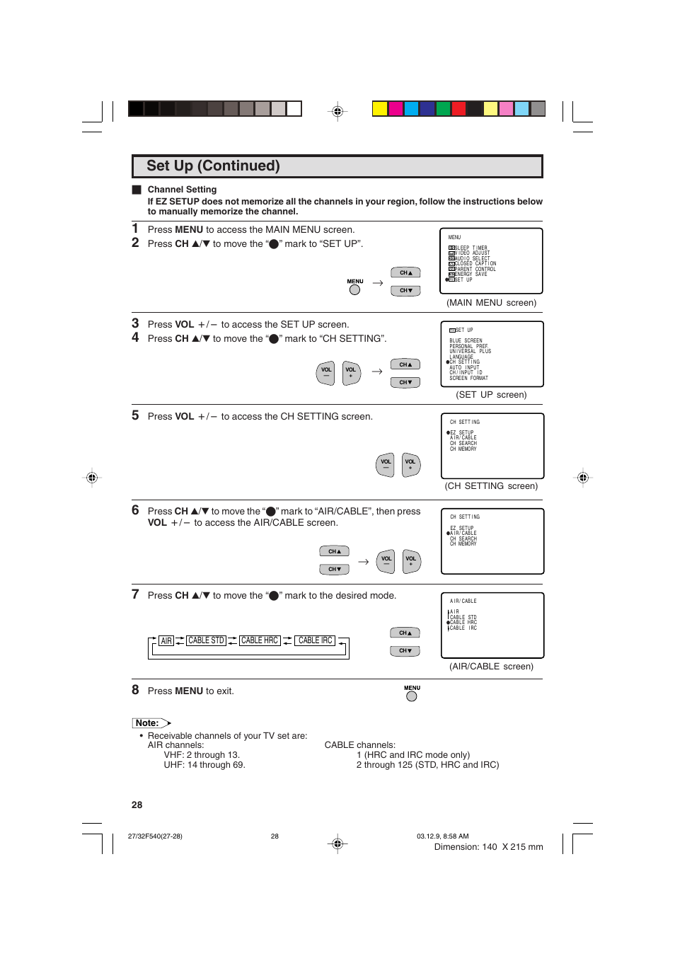 Set up (continued) | Sharp 27F540 User Manual | Page 28 / 58