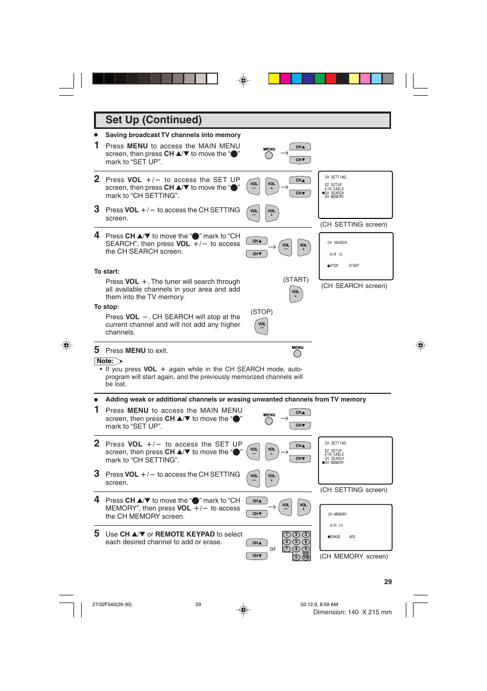 Set up (continued) | Sharp 27F540 User Manual | Page 29 / 58
