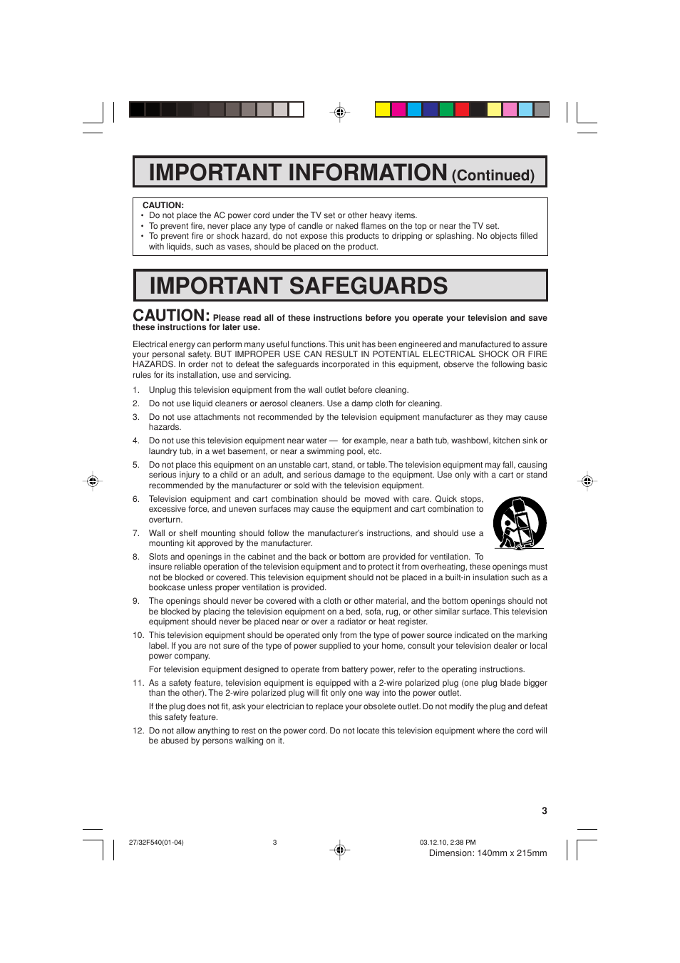 Important information, Important safeguards, Caution | Continued) | Sharp 27F540 User Manual | Page 3 / 58