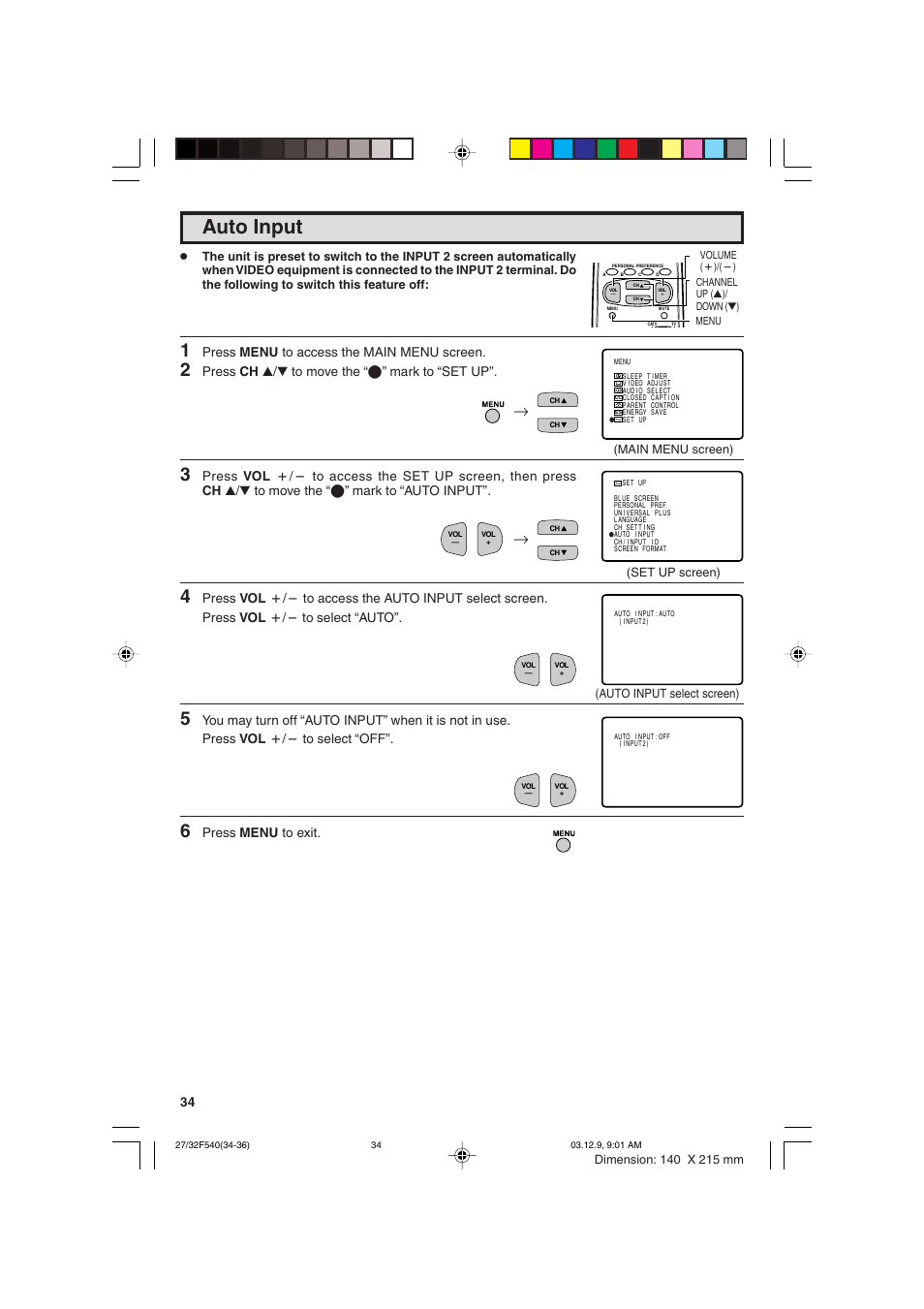 Auto input, Press menu to access the main menu screen, Press ch a/s to move the “e” mark to “set up | Press menu to exit | Sharp 27F540 User Manual | Page 34 / 58