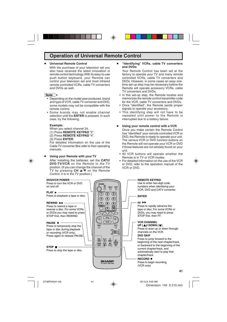 Operation of universal remote control | Sharp 27F540 User Manual | Page 41 / 58