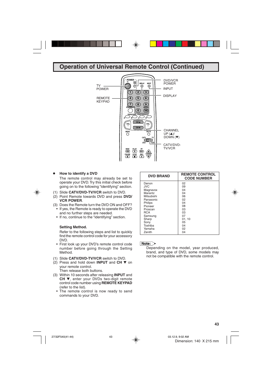Operation of universal remote control (continued) | Sharp 27F540 User Manual | Page 43 / 58
