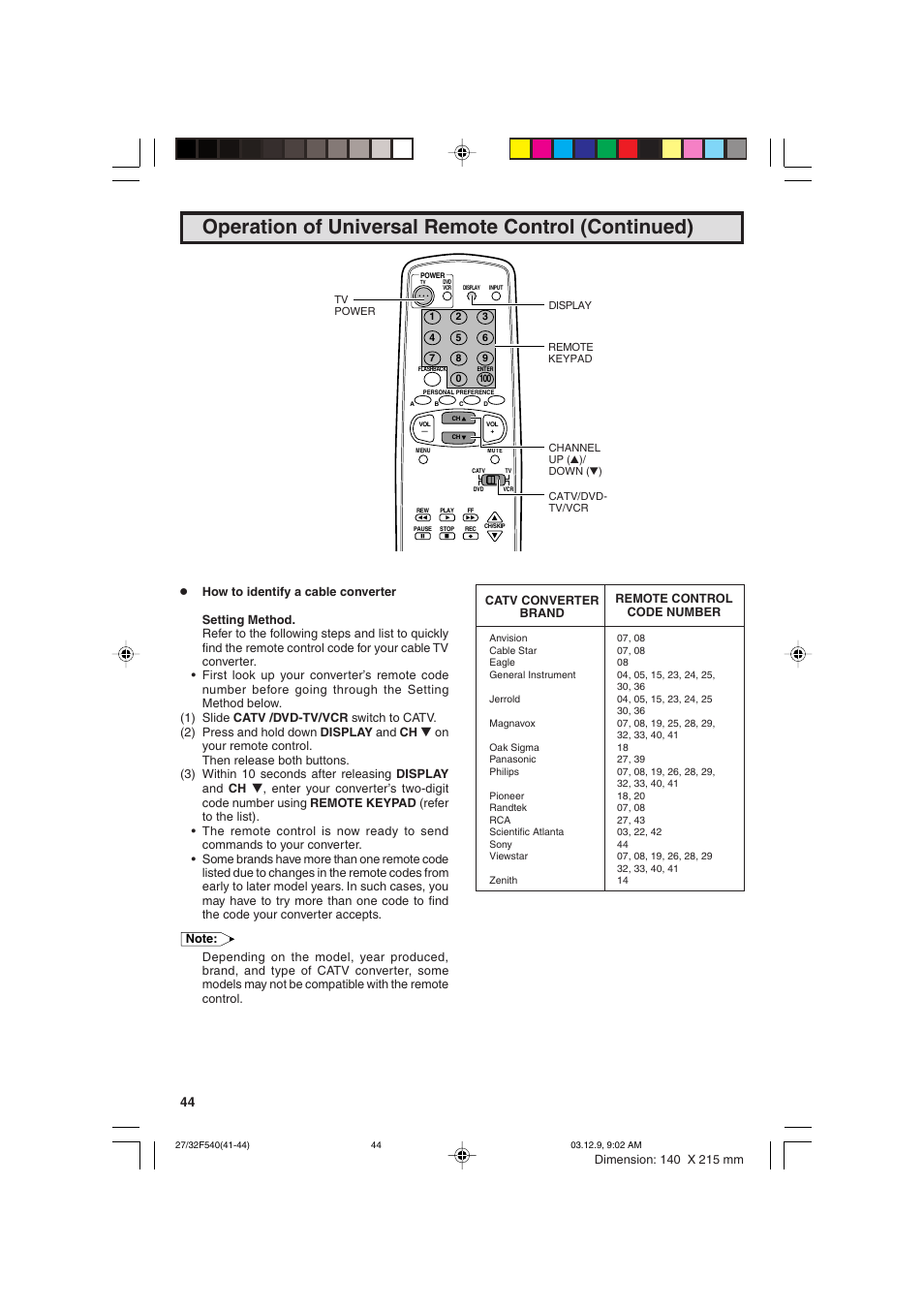 Operation of universal remote control (continued) | Sharp 27F540 User Manual | Page 44 / 58
