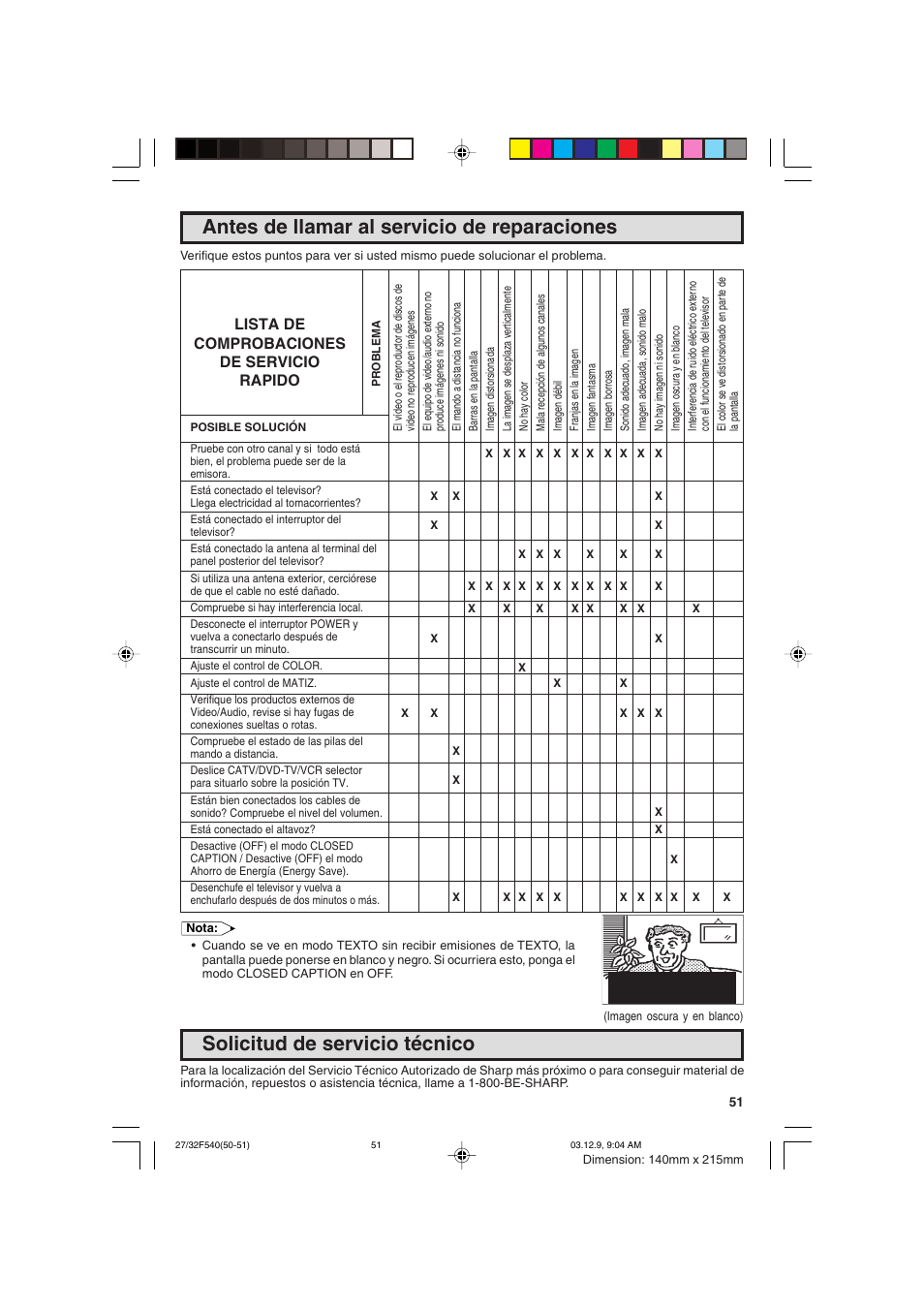 Antes de llamar al servicio de reparaciones, Solicitud de servicio técnico, Lista de comprobaciones de servicio rapido | Sharp 27F540 User Manual | Page 51 / 58
