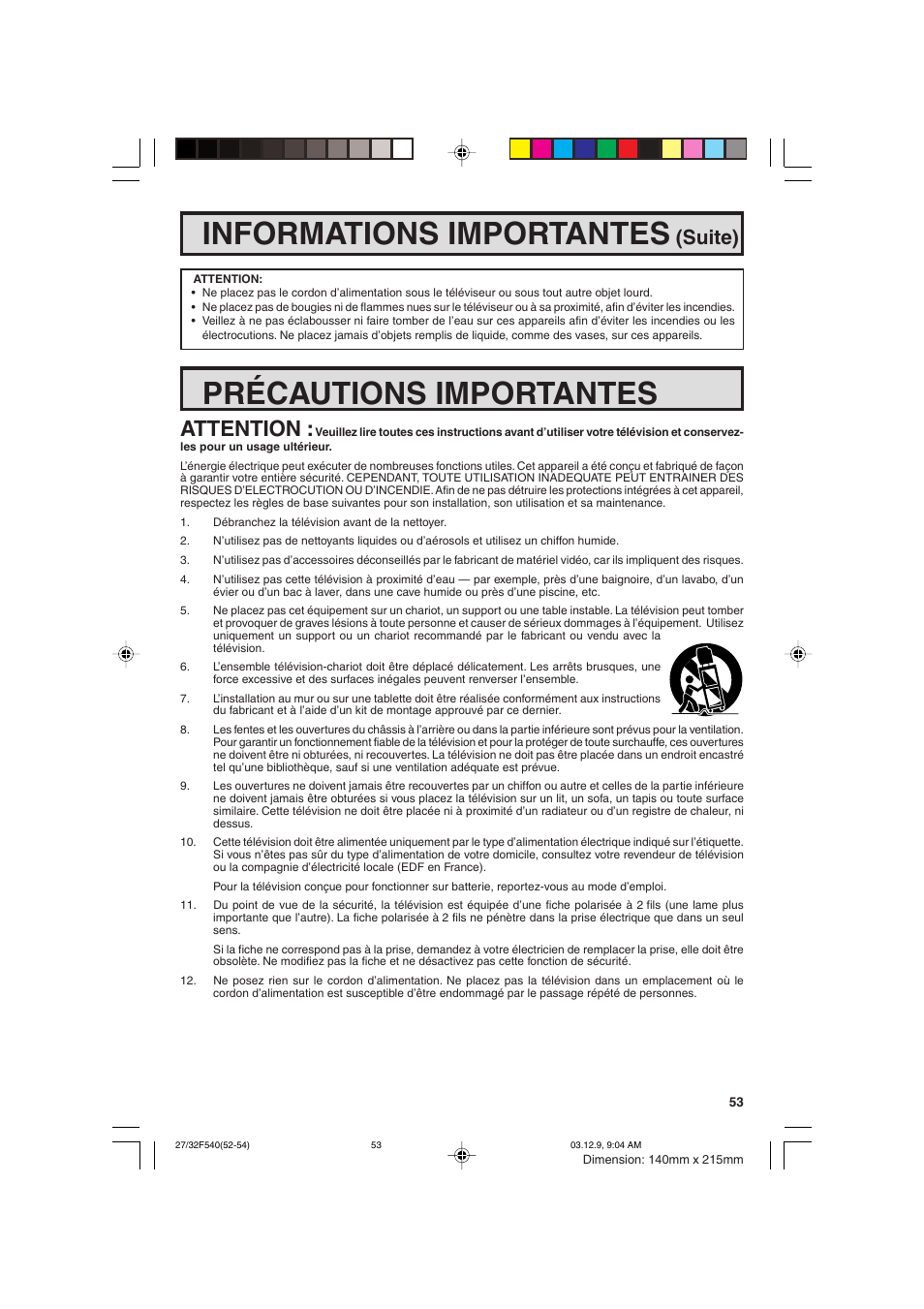 Informations importantes, Précautions importantes, Attention | Suite) | Sharp 27F540 User Manual | Page 53 / 58