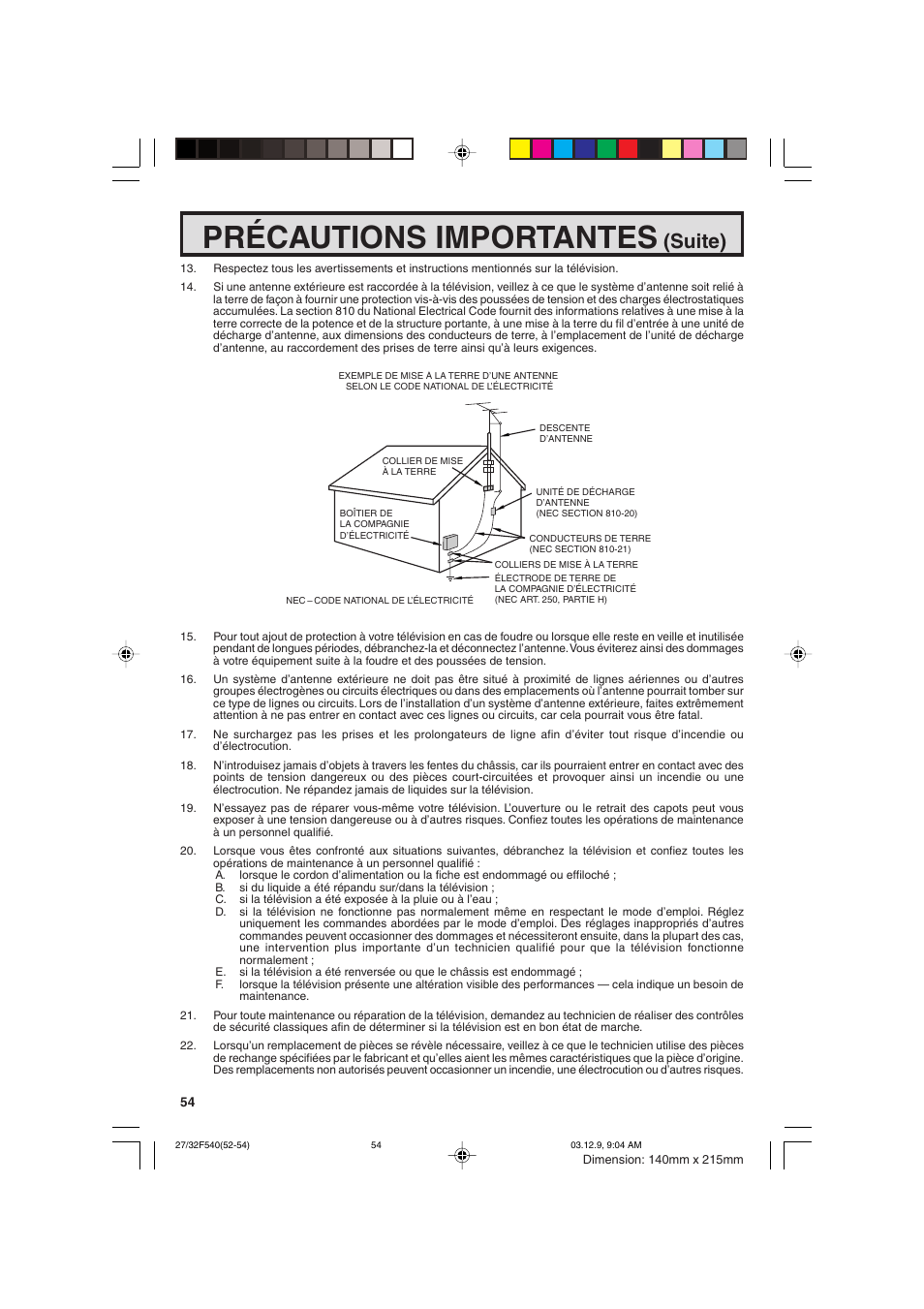 Précautions importantes, Suite) | Sharp 27F540 User Manual | Page 54 / 58