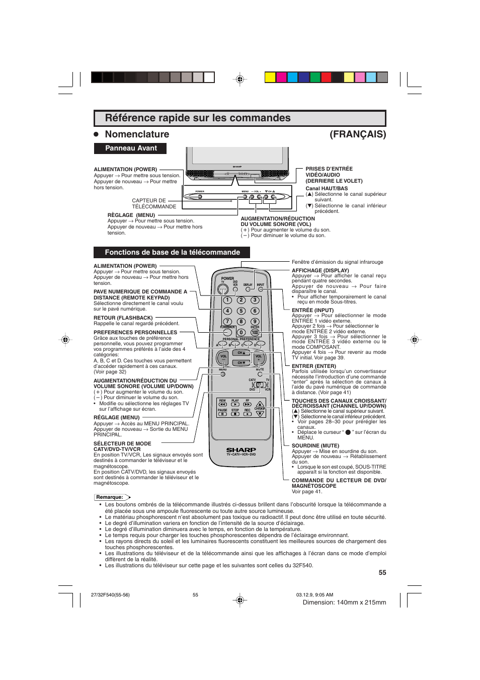 Référence rapide sur les commandes, Nomenclature (français), Fonctions de base de la télécommande | Panneau avant, Power menu — vol + ch pull-open | Sharp 27F540 User Manual | Page 55 / 58
