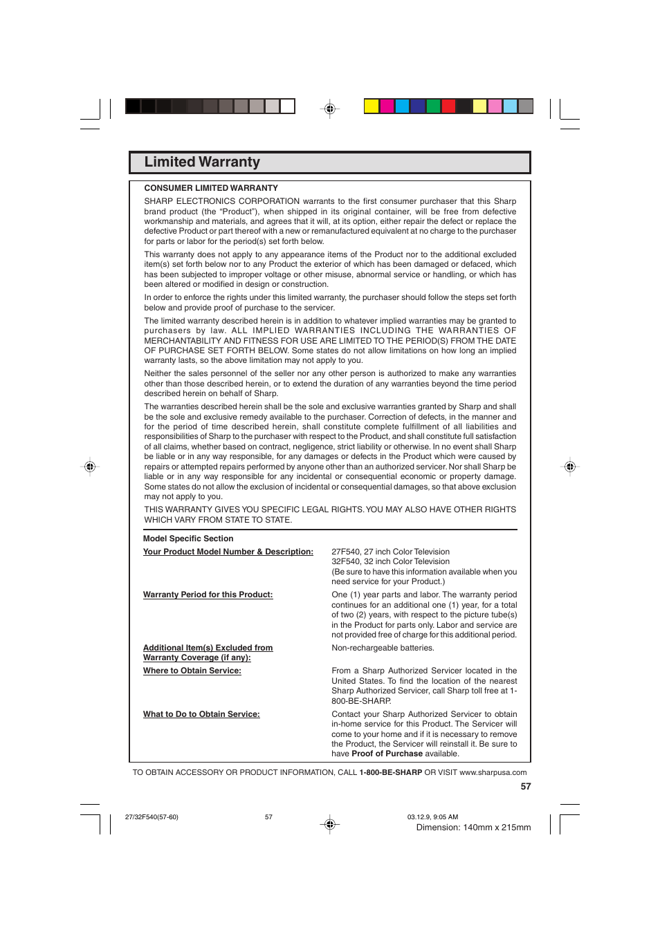 Limited warranty | Sharp 27F540 User Manual | Page 57 / 58