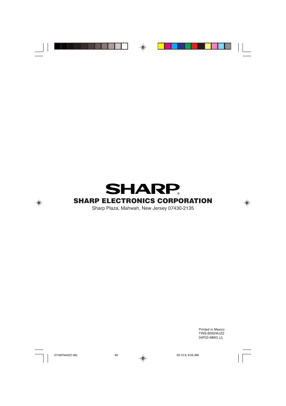 Sharp electronics corporation | Sharp 27F540 User Manual | Page 58 / 58