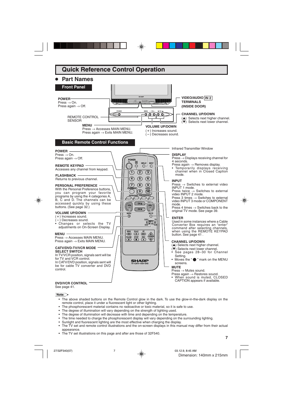 Quick reference control operation, Part names, Front panel | Basic remote control functions, Power menu — vol + ch pull-open | Sharp 27F540 User Manual | Page 7 / 58