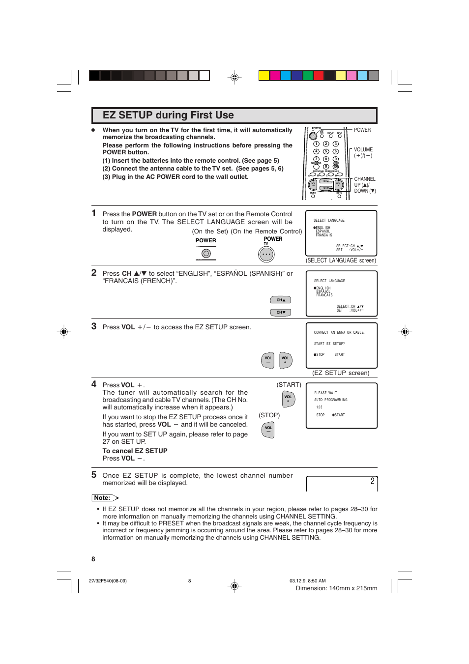 Ez setup during first use, Press vol k/l to access the ez setup screen | Sharp 27F540 User Manual | Page 8 / 58