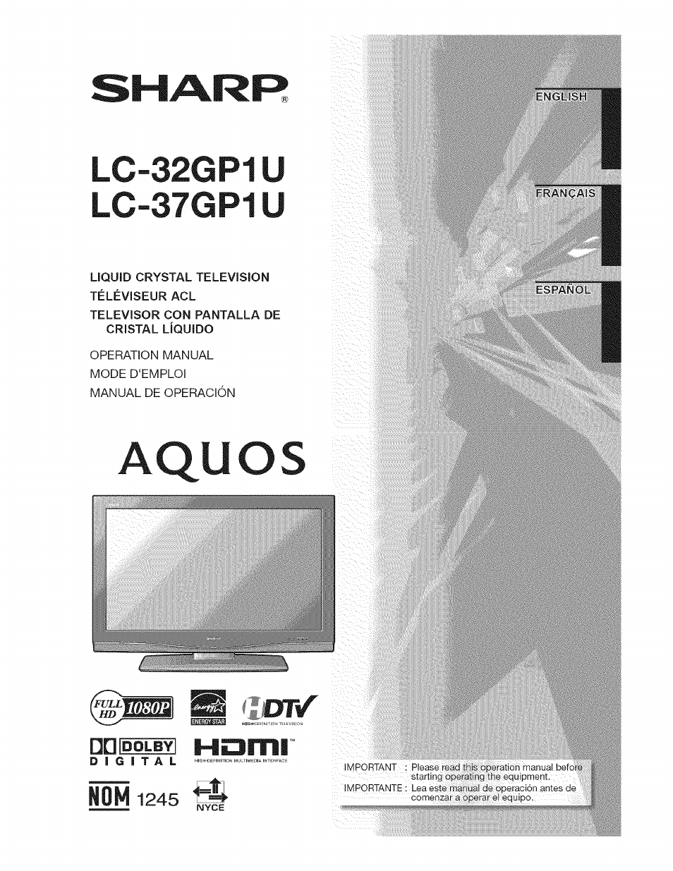 Sharp AQUOS LC-37GP1U User Manual | 61 pages