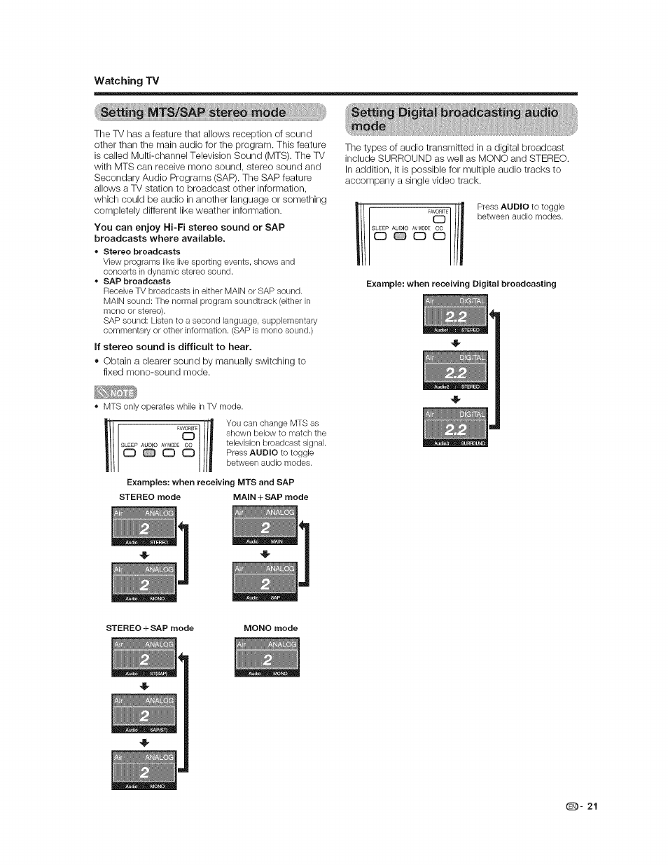 You can enjoy hi-fi stereo sound or sap, Broadcasts where avaiiabie, If stereo sound is difficuit to hear | O o o o, Mode | Sharp AQUOS LC-37GP1U User Manual | Page 22 / 61