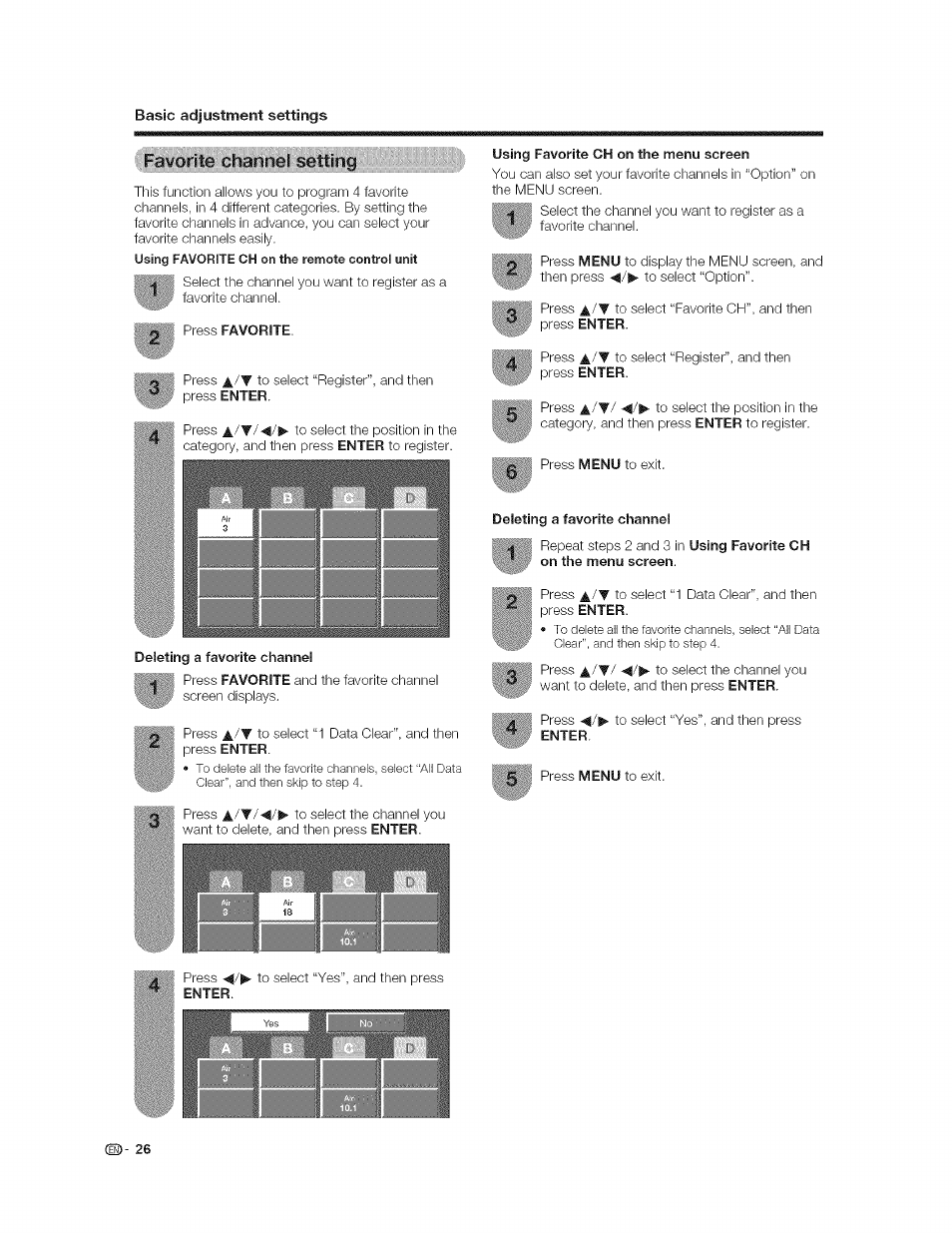 Fa¥órite\tóflànne;l;séttlil, Using favorite ch on the menu screen, Deleting a favorite channel | Iibb | Sharp AQUOS LC-37GP1U User Manual | Page 27 / 61
