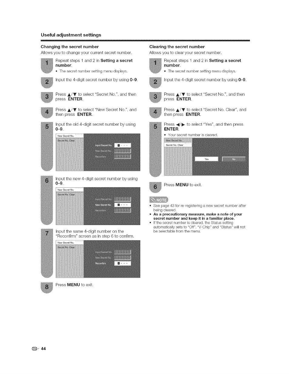 Changing the secret number, Clearing the secret number | Sharp AQUOS LC-37GP1U User Manual | Page 45 / 61