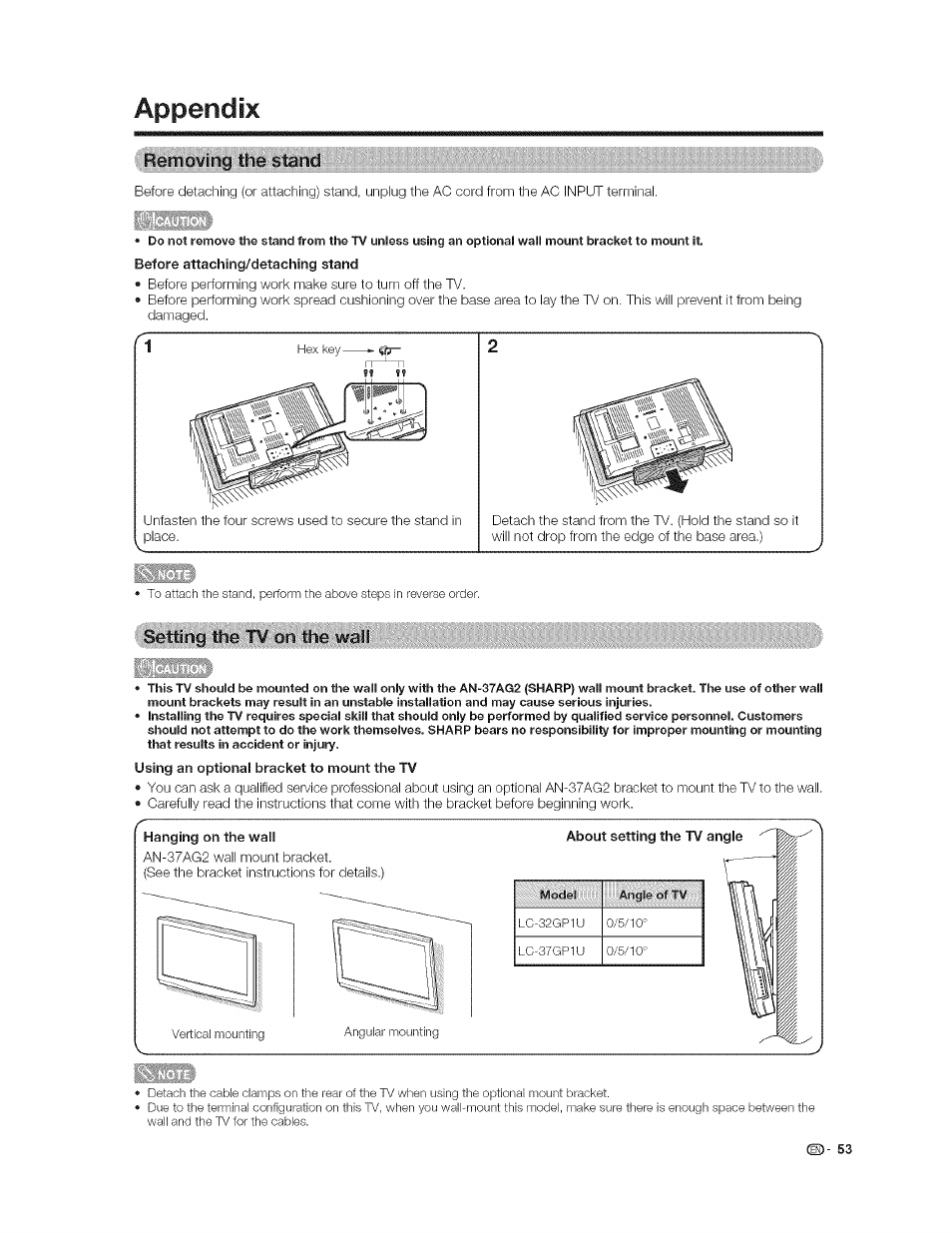 Appendix, Removing the stand, Before attaching/detaching stand | Setting the t¥ on the wrati, Using an optional bracket to mount the tv, Hanging on the wall, Setting the tv on the wall | Sharp AQUOS LC-37GP1U User Manual | Page 54 / 61