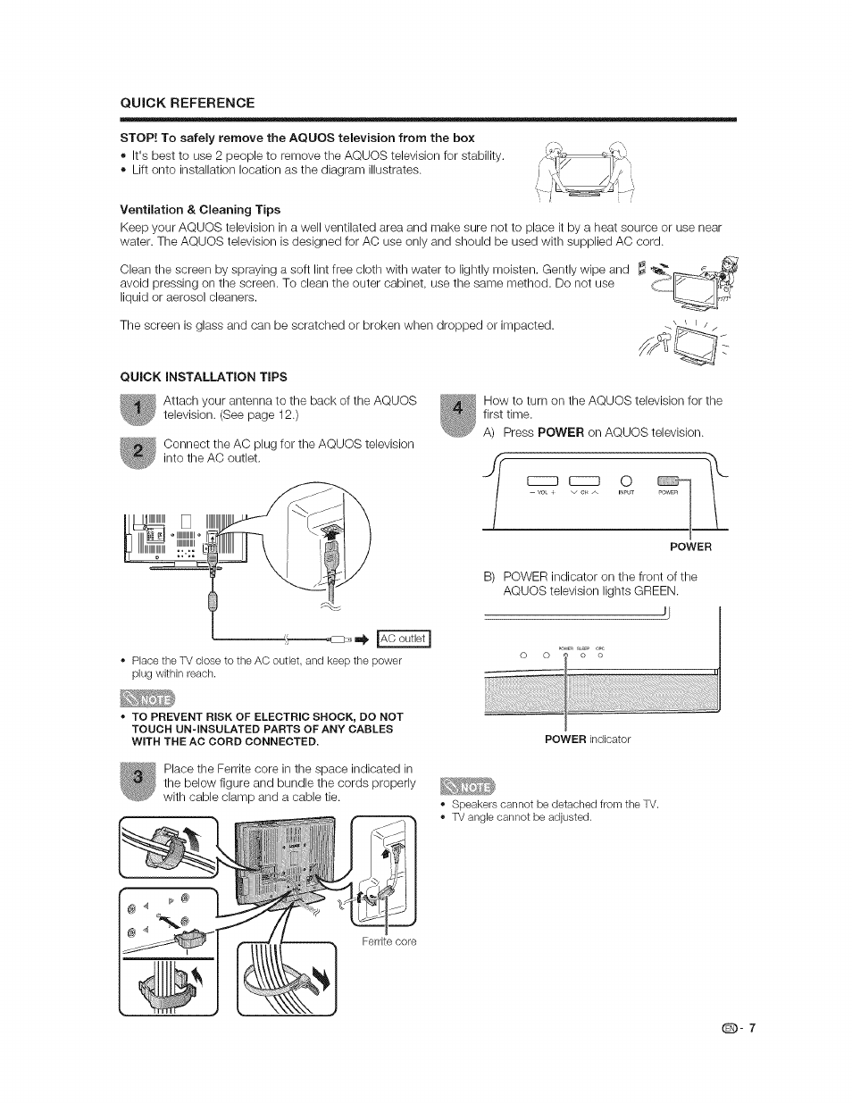 Ventilation & cleaning tips, Quick installation tips | Sharp AQUOS LC-37GP1U User Manual | Page 8 / 61