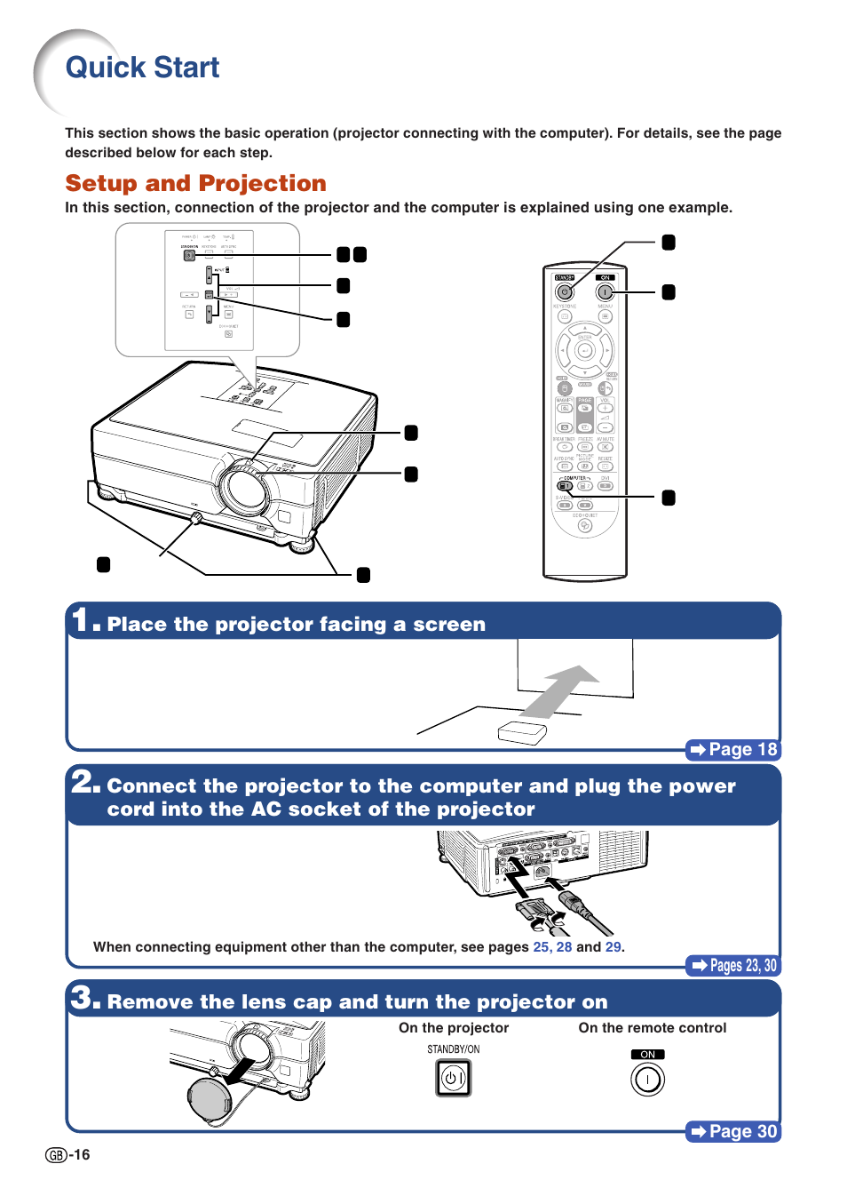 Quick start, Quic, K star | Setup and projection, Place the projector facing a screen, Remove the lens cap and turn the projector on | Sharp Notevision XG-C435X-L User Manual | Page 18 / 73