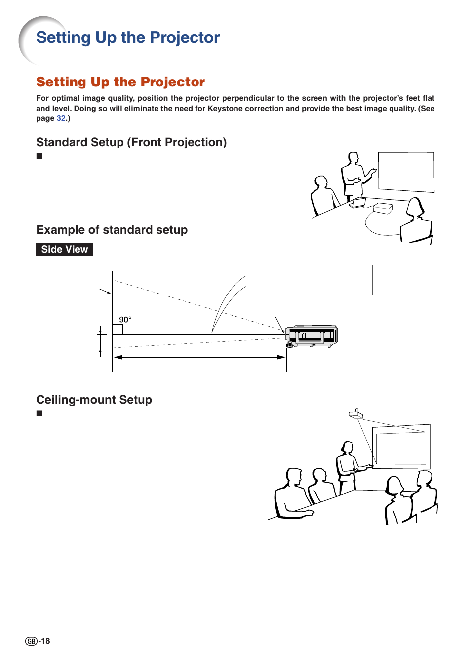 Setup, Setting up the projector, Standard setup (front projection) | Example of standard setup, Ceiling-mount setup | Sharp Notevision XG-C435X-L User Manual | Page 20 / 73