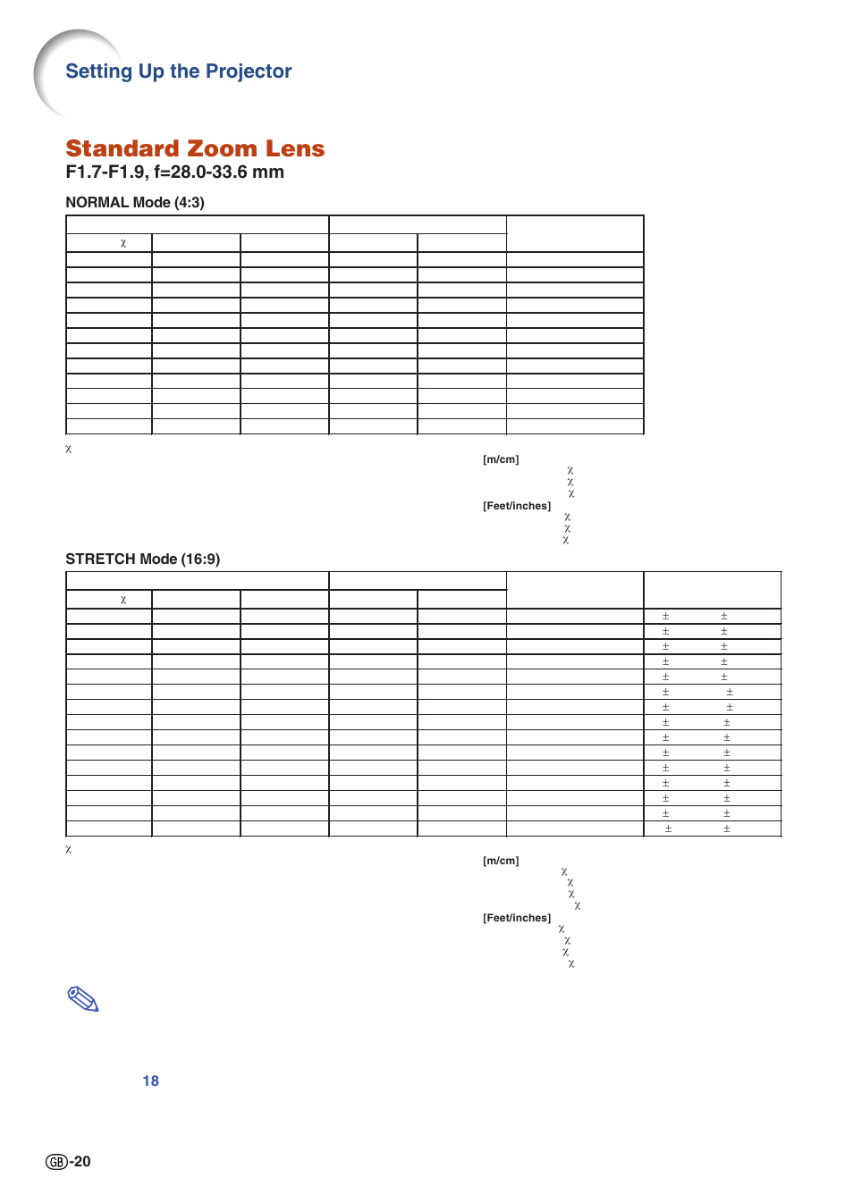 Standard zoom lens, Setting up the projector, Stretch mode (16:9) | Sharp Notevision XG-C435X-L User Manual | Page 22 / 73