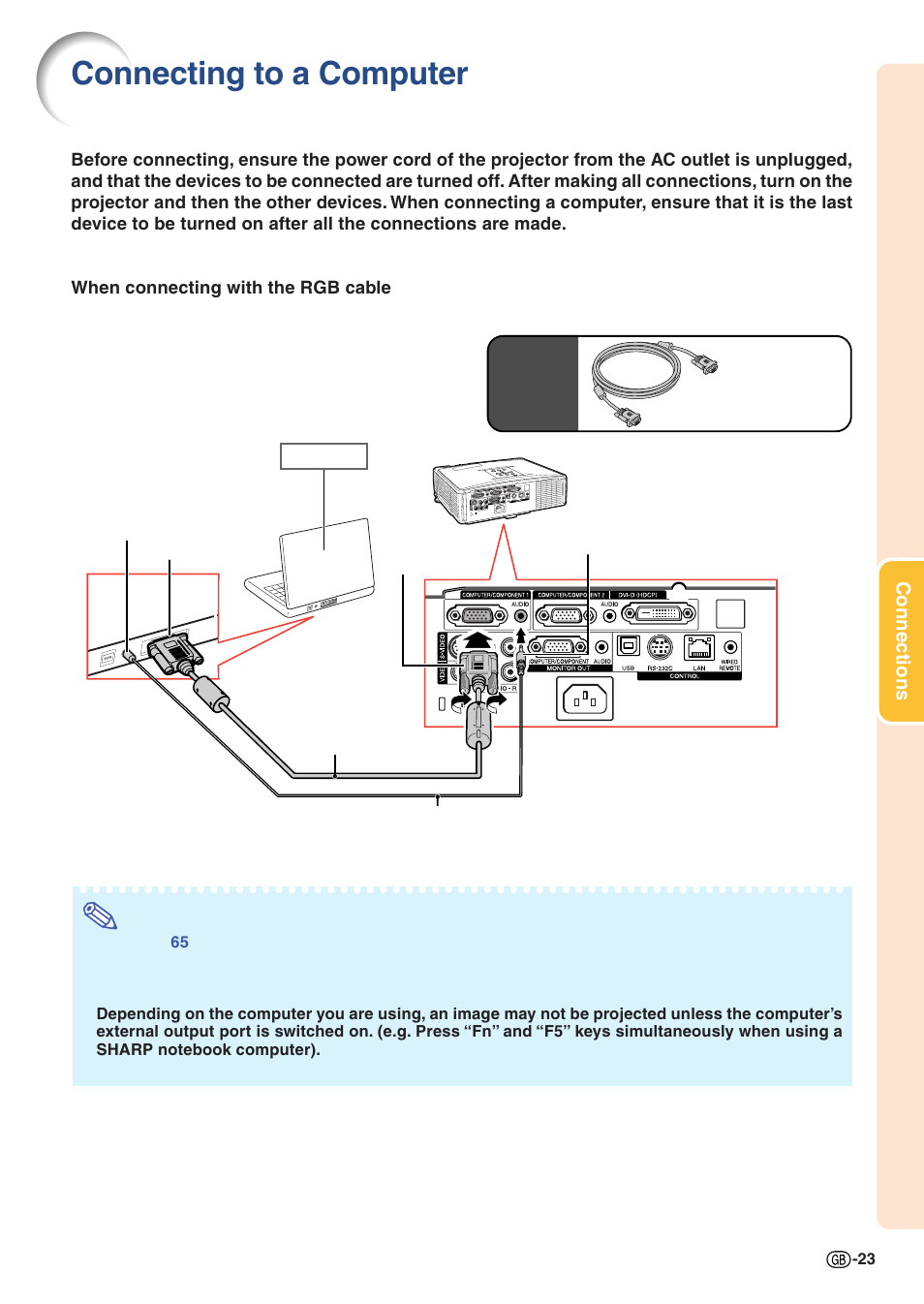 Connecting to a computer, Es 23, Connections | Sharp Notevision XG-C435X-L User Manual | Page 25 / 73