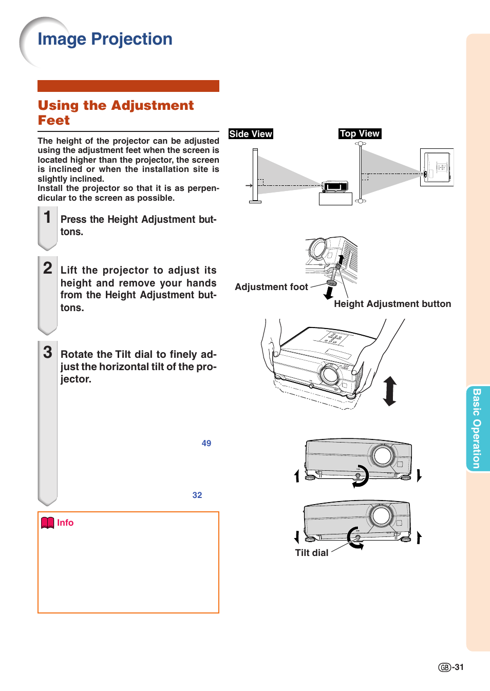 Image projection, Using the adjustment feet, Es 31 | Sharp Notevision XG-C435X-L User Manual | Page 33 / 73