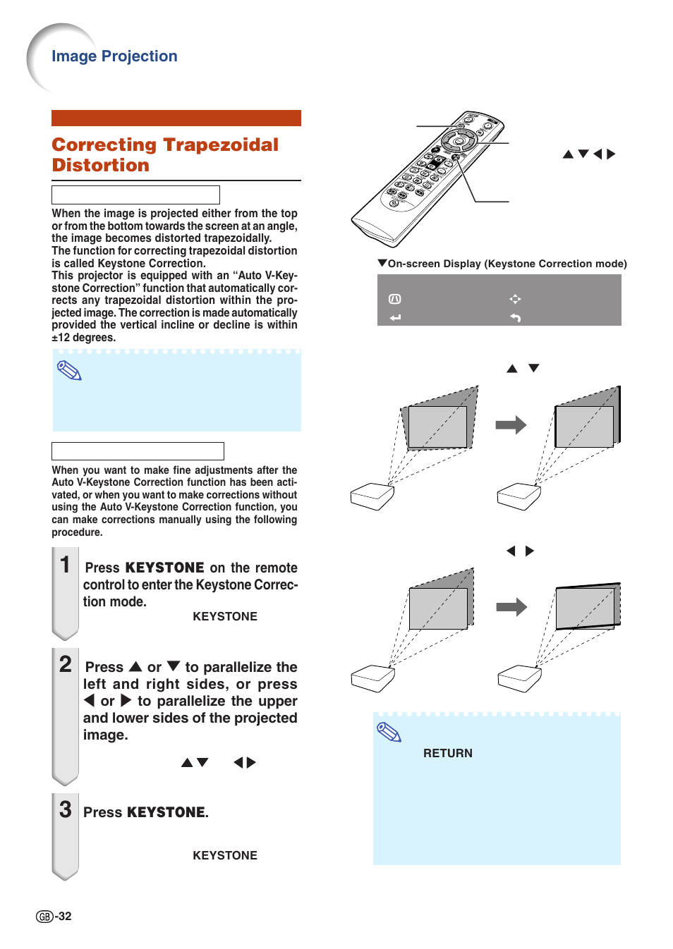 Correcting trapezoidal distortion, Image projection | Sharp Notevision XG-C435X-L User Manual | Page 34 / 73