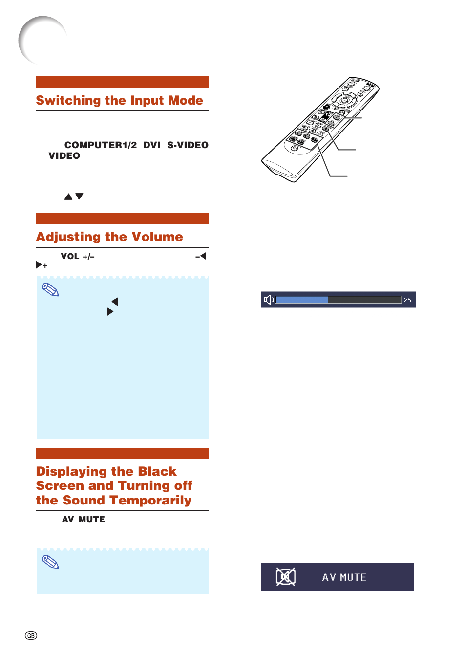 Switching the input mode, Adjusting the volume, The sound temporarily | Image projection | Sharp Notevision XG-C435X-L User Manual | Page 36 / 73
