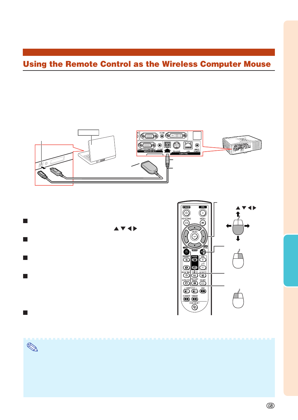 Using the remote control as the wireless, Computer mouse, Basic operation | When moving the cursor, When left-clicking, When right-clicking, When using [page up] or [page down | Sharp Notevision XG-C435X-L User Manual | Page 41 / 73