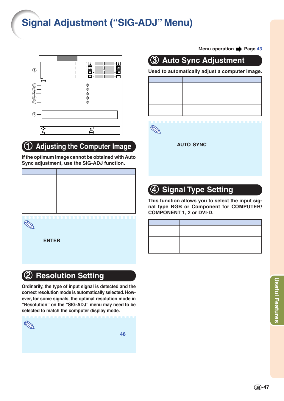 Image adjustment (“sig-adj” menu), Adjusting the computer image, Resolution setting | Auto sync adjustment, Signal type setting, Signal adjustment (“sig-adj” menu), 11 adjusting the computer image, 22 resolution setting, 33 auto sync adjustment, 44 signal type setting | Sharp Notevision XG-C435X-L User Manual | Page 49 / 73