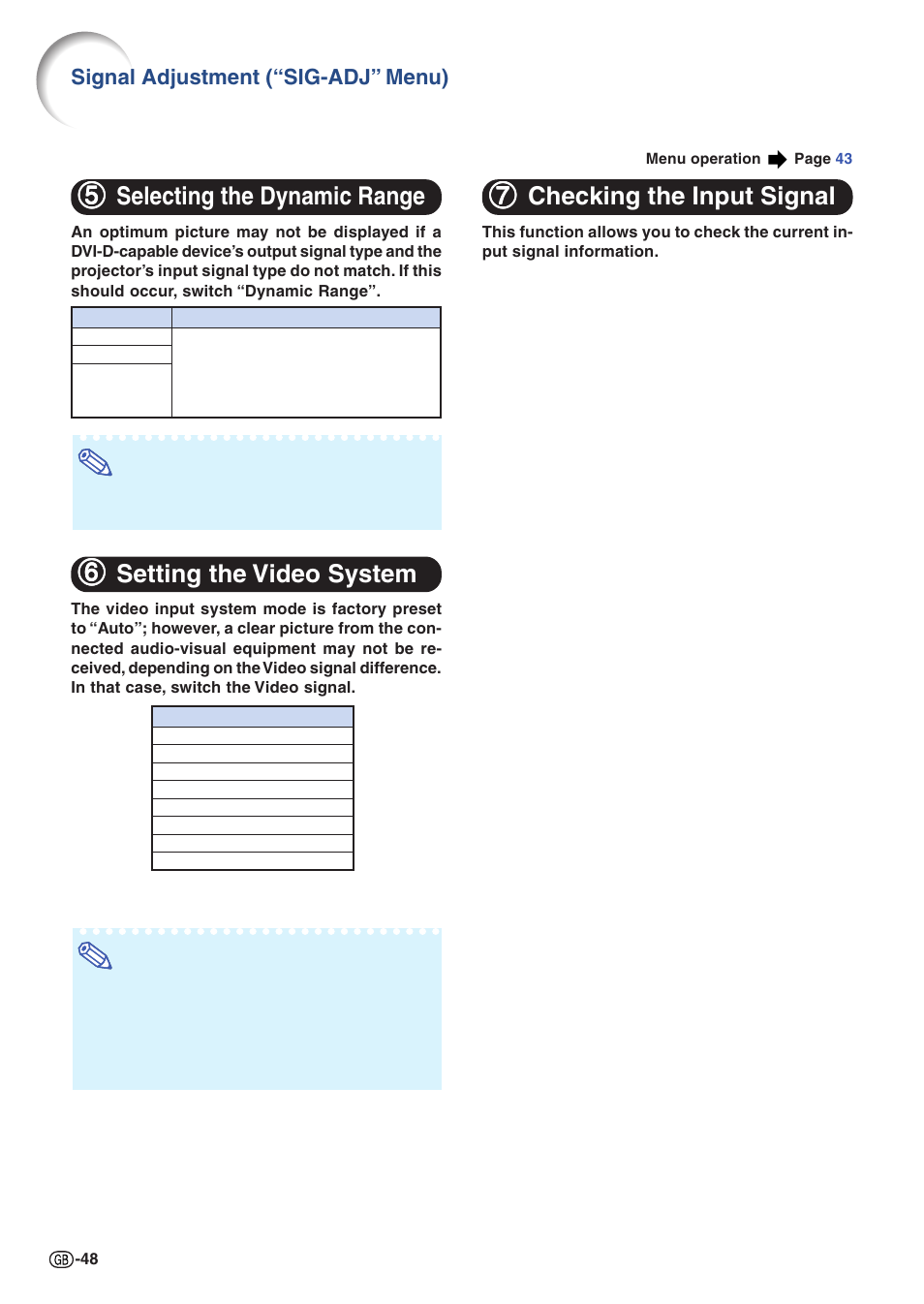 Selecting the dynamic range, Setting the video system, Checking the input signal | 77 checking the input signal, 66 setting the video system, 55 selecting the dynamic range | Sharp Notevision XG-C435X-L User Manual | Page 50 / 73