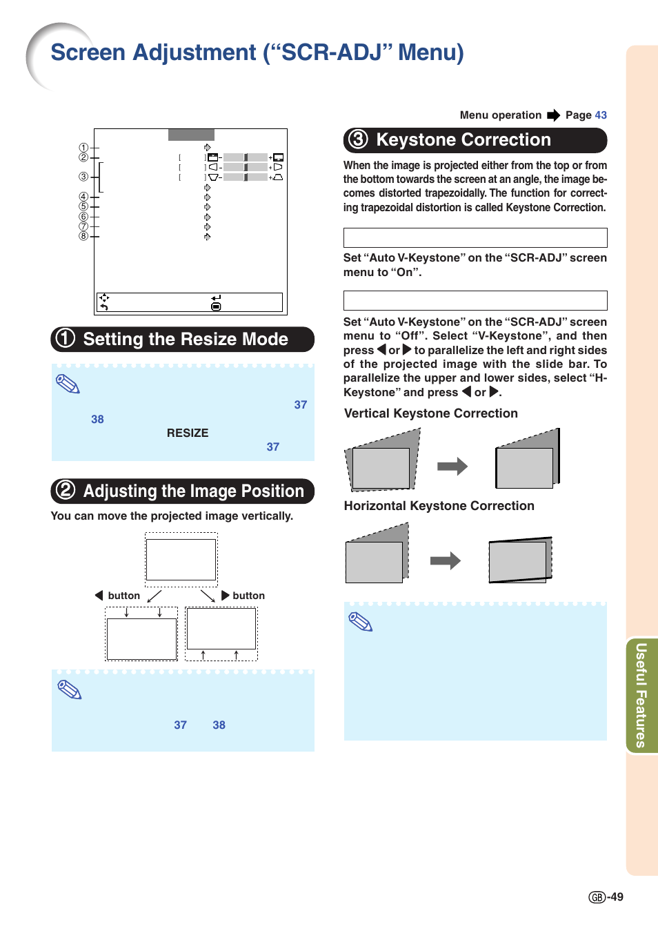 Screen adjustment (“scr-adj” menu), Setting the resize mode, Adjusting the image position | Keystone correction, 11 setting the resize mode, 22 adjusting the image position, 33 keystone correction, Useful features | Sharp Notevision XG-C435X-L User Manual | Page 51 / 73